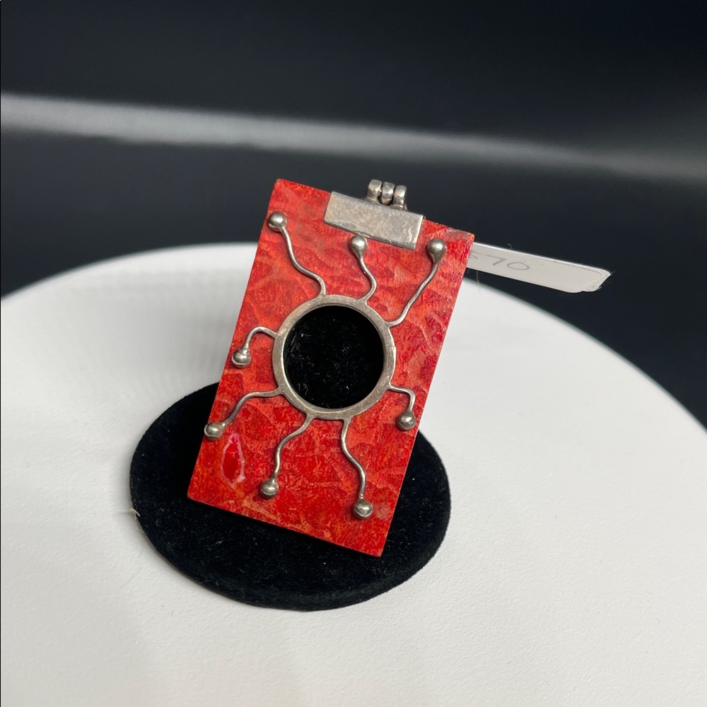 Red  Native American and sterling Silver Rectangular Pendant coral